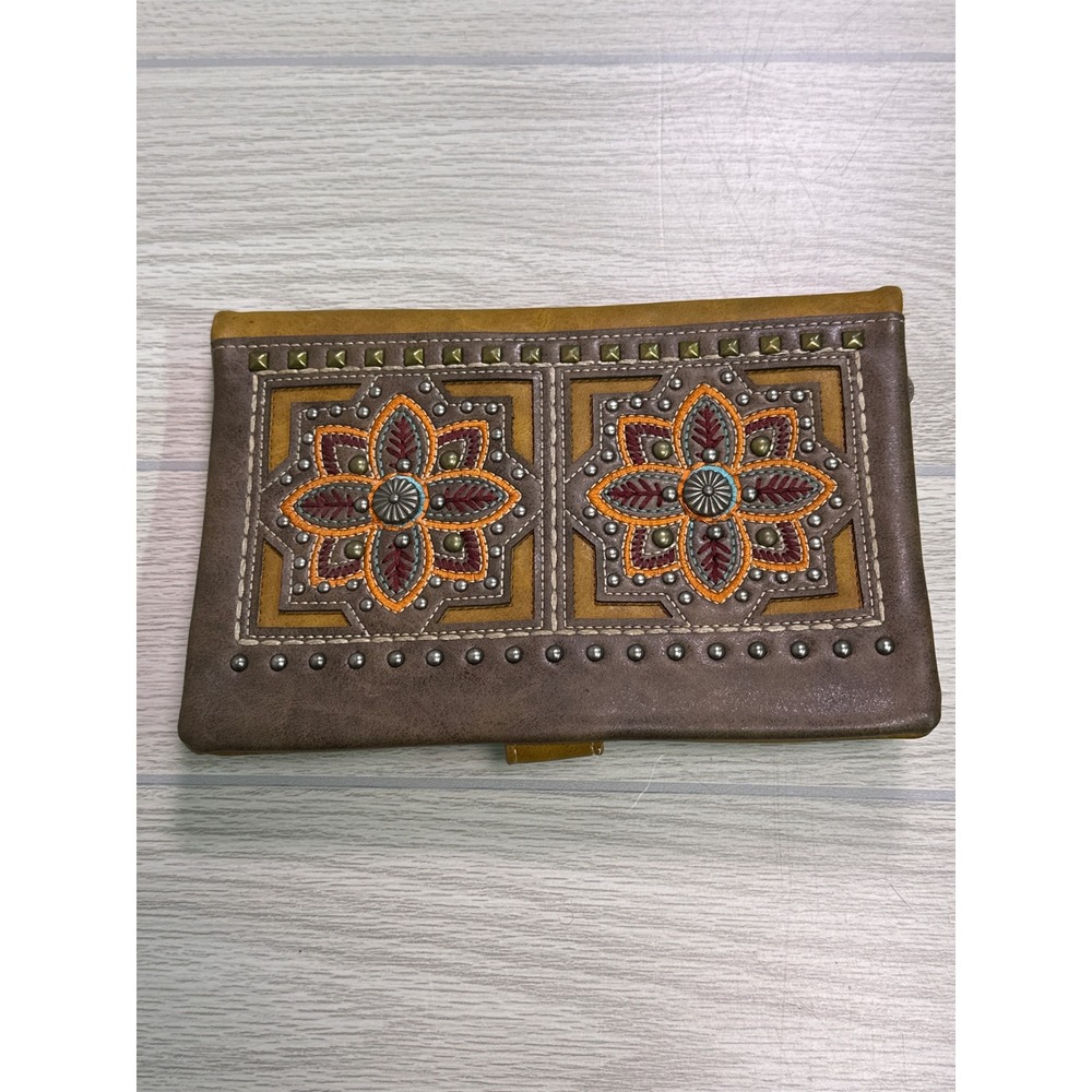 American Bling Western Floral Embroidered Studded Trifold Wallet Brown Yellow